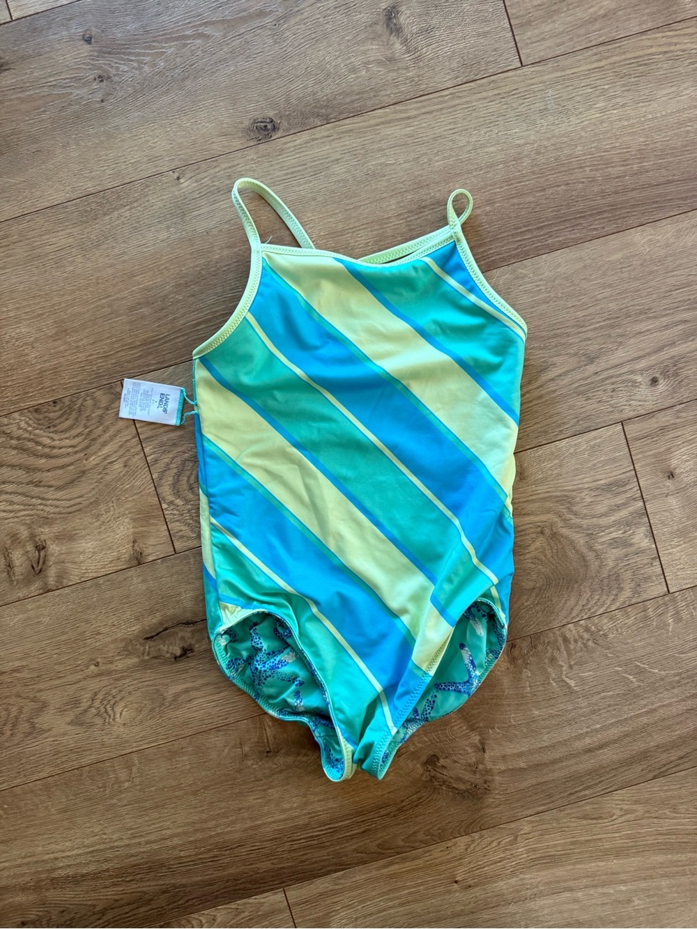 Lands' End Girls Aqua and Lime Diagonal Stripe Reversible One-Piece Swimsuit